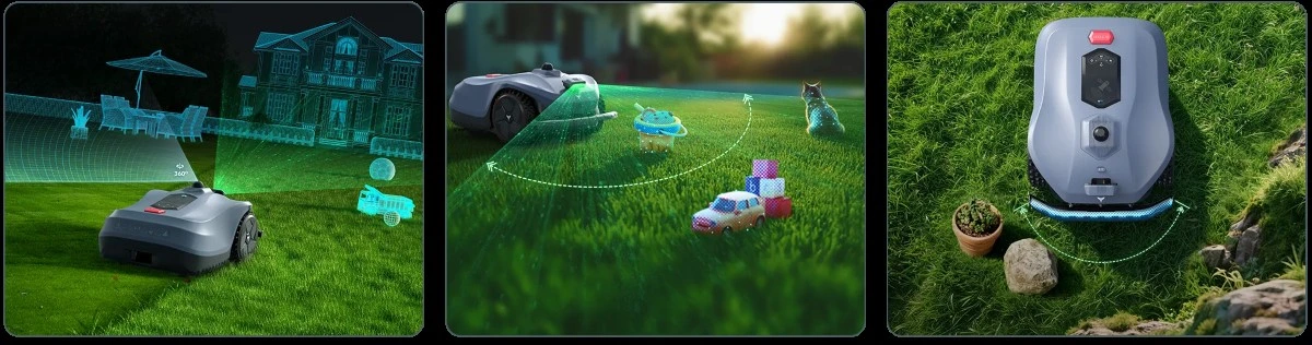 Hookii Neomow X2 kliūčių atpažinimas Hookii Neomow X2 vejos robotas atpažįsta kliūtis naudodamas 3D LiDAR ir kamerų sistemą