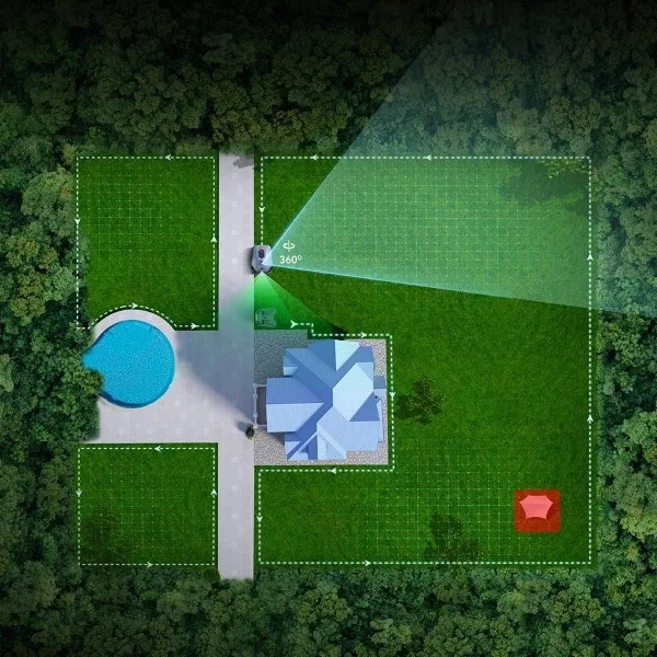 Hookii Neomow X2 vejos zonų planavimas Hookii Neomow X2 vejos robotas planuoja pjovimo zonas aplink namą ir sklypo takus